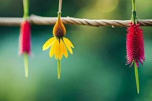 tre fiori sospeso a partire dal un' corda. ai-generato foto