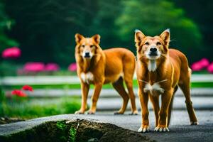 Due cani in piedi su il strada nel davanti di un' parco. ai-generato foto