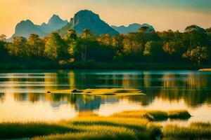 un' lago con montagne nel il sfondo. ai-generato foto