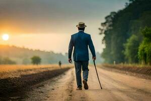 un' uomo nel un' completo da uomo e cappello a piedi giù un' sporco strada. ai-generato foto