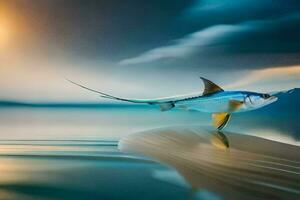 un' pesce è volante al di sopra di il acqua a tramonto. ai-generato foto