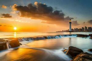 il faro a tramonto nel il oceano. ai-generato foto