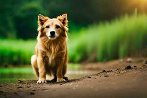 un' cane seduta su il terra vicino un' fiume. ai-generato foto