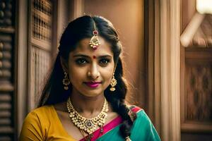 un' bellissimo donna nel un' sari con gioielleria. ai-generato foto
