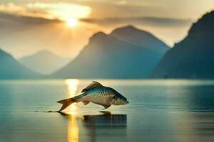 un' pesce è in piedi su il acqua nel davanti di montagne. ai-generato foto