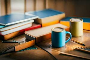 caffè e libri su un' scrivania. ai-generato foto
