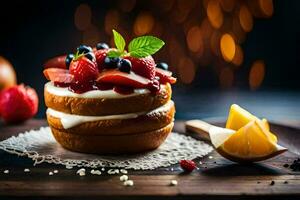 un' torta con frutti di bosco e crema su un' di legno tavolo. ai-generato foto