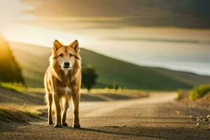 un' cane è in piedi su un' sporco strada a tramonto. ai-generato foto