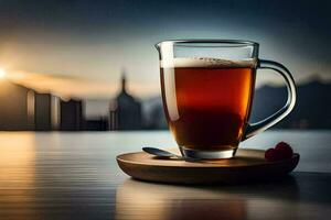 un' bicchiere di tè si siede su un' di legno tavolo con un' città nel il sfondo. ai-generato foto