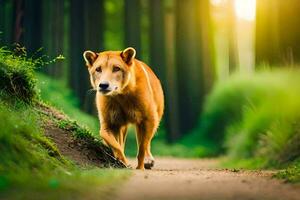 un' cane a piedi su un' sporco strada nel il foresta. ai-generato foto