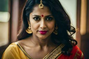 un indiano donna nel un' rosso e giallo sari. ai-generato foto