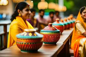 un' donna nel sari seduta a un' tavolo con colorato vasi. ai-generato foto