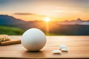un uovo su un' tavolo con un' montagna nel il sfondo. ai-generato foto