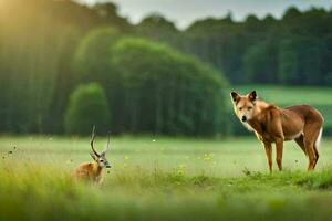 un' cervo e un' cervo in piedi nel un' campo. ai-generato foto