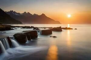 tramonto al di sopra di il oceano con rocce e acqua. ai-generato foto