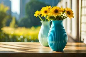 Due blu vasi con giallo fiori seduta su un' tavolo. ai-generato foto