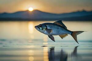 un' pesce è salto su di il acqua a tramonto. ai-generato foto