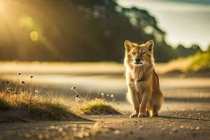 un' cane è in piedi su un' sporco strada a tramonto. ai-generato foto