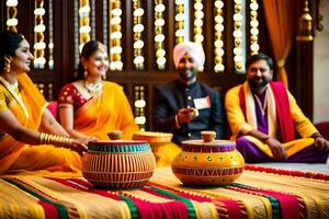 indiano nozze cerimonia con famiglia e gli amici. ai-generato foto