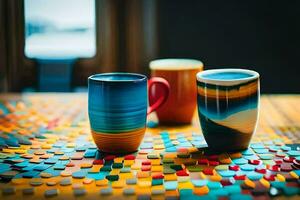 tre colorato caffè tazze su un' colorato mosaico tavolo. ai-generato foto