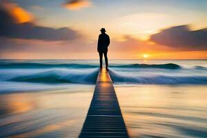 un' uomo in piedi su un' molo a tramonto. ai-generato foto