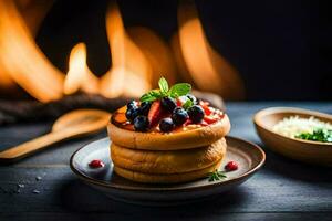 un' pila di Pancakes con frutti di bosco e formaggio su superiore. ai-generato foto