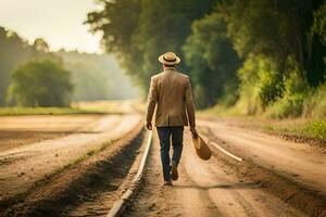 un' uomo nel un' cappello e completo da uomo a piedi giù un' sporco strada. ai-generato foto