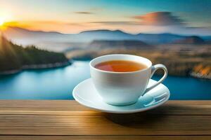 un' tazza di tè su un' di legno tavolo con montagne nel il sfondo. ai-generato foto