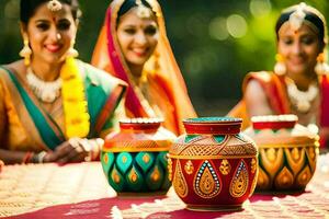 tre donne nel tradizionale indiano abbigliamento seduta in giro un' tavolo con colorato pentole. ai-generato foto