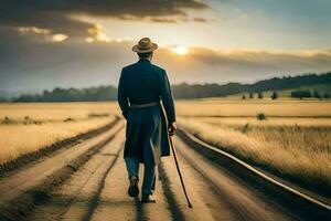 un' uomo nel un' cappello e cappotto a piedi giù un' sporco strada. ai-generato foto