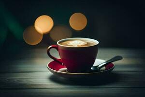 un' tazza di caffè su un' di legno tavolo. ai-generato foto