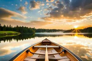 un' canoa è galleggiante su il calma acque di un' lago. ai-generato foto