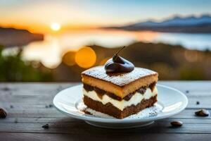 un' pezzo di torta su un' piatto con un' tramonto nel il sfondo. ai-generato foto