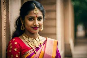 un' bellissimo indiano donna nel un' sari. ai-generato foto