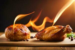 Due pezzi di pollo su un' di legno taglio tavola con fiamme. ai-generato foto