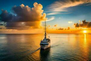 un' barca nel il oceano a tramonto. ai-generato foto