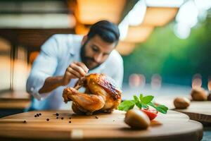 un' uomo è preparazione un' arrostito pollo su un' di legno tavolo. ai-generato foto