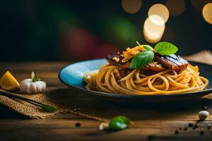 spaghetti con carne e verdure su un' di legno tavolo. ai-generato foto