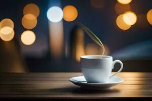 un' tazza di caffè su un' di legno tavolo con un' sfocato sfondo. ai-generato foto