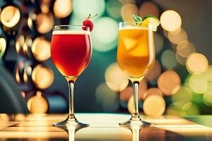 Due bicchieri di cocktail su un' tavolo con bokeh luci. ai-generato foto