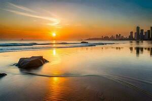 il sole imposta al di sopra di il città orizzonte nel oro costa, Australia. ai-generato foto