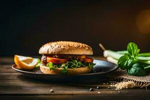 un' Hamburger con verdure e un' fetta di Limone. ai-generato foto