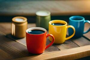 quattro colorato caffè tazze su un' di legno tavolo. ai-generato foto