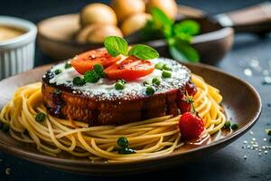 un' piatto con spaghetti e carne su esso. ai-generato foto