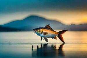 un' pesce è salto su di il acqua a tramonto. ai-generato foto