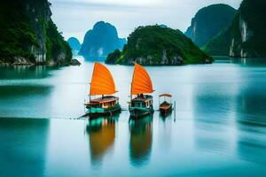 Due Barche con arancia vele galleggiante nel il acqua. ai-generato foto