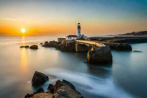 un' faro a tramonto con rocce e acqua. ai-generato foto