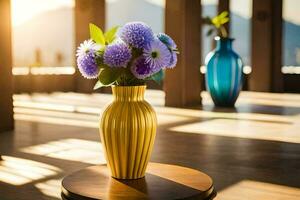 un' vaso con viola fiori seduta su un' tavolo. ai-generato foto
