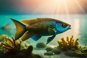 pesce nel il oceano con corallo barriere e sole. ai-generato foto