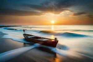 un' barca su il spiaggia a tramonto. ai-generato foto
